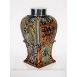 EDWARD VII SILVER MOUNTED DOULTON LAMBETH MOULDED POTTERY TEA CADDY, of square waisted form with