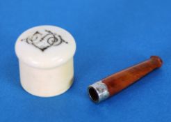 EDWARDIAN TURNED IVORY CYLINDRICAL STUD BOX with screw-off top, 1 3/8" diameter and an EDWARDIAN