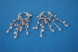 PAIR OF 18ct WHITE GOLD WIRE PATTERN HOOP EARRINGS, each with six suspended fine chains with a total