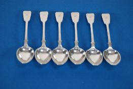 SET OF SIX VICTORIAN SILVER FIDDLE HANDLED DESSERT SPOONS, London 1877, 8 1/2oz (6)