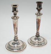 PAIR OF MID NINETEENTH CENTURY SHEFFIELD PLATE, GEORGE STYLE TABLE CANDLESTICKS, with plain tapering