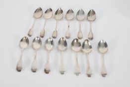 SET OF SIX GEO IV IRISH SILVER FIDDLE TEA SPOONS makers I.B Dublin 1827 and SEVEN VARIOUS 19th