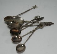 PAIR OF APOSTLE TOP SILVER TEASPOONS, marked rubbed, TOGETHER WITH ANOTHER WITH 'X' TOP, and four