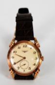 GENTS LONGINES 14k ROSE GOLD WRIST WATCH, with 17 jewel movement, circular silvered dial with
