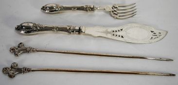 PAIR OF SILVER ON COPPER MEAT SKEWERS, with Prince of Wales feather tops, 13 1/2" (34.3cm) long