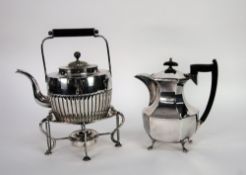 GEORGIAN STYLE ELECTROPLATED TEA KETTLE ON SPIRIT BURNER STAND, the oval kettle with semi gadroon