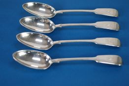 SET OF FOUR VICTORIAN SILVER FIDDLE HANDLED TABLE SPOONS, makers mark 'JW & JW', Exeter 1861, 11oz