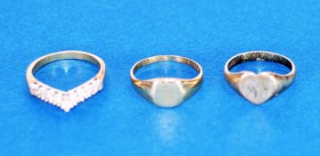 LADY'S 9ct GOLD RING, 2.1gms, a SILVER SIGNET RING, a silver and cubic zirconia RING set with a blue