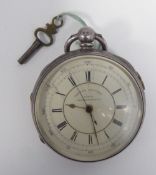 VICTORIAN SILVER CENTRE SECONDS CHRONOGRAPH with keywind movement, white two part Roman dial, 2 1/4"