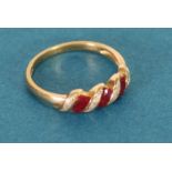 9ct GOLD RING, with a spiral setting of three oval red stones and four tiny diamonds, 2.9gms, ring