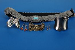 MEXICAN ALPACA BROAD SPRUNG HINGE OPENING CROSSOVER BANGLE, inlaid with abalone shell; PAIR OF '