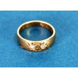 9ct GOLD RING, gypsy set with two small diamonds, approx .20ct in total, 2.6gms, ring size 'i'