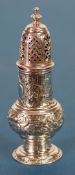 GEORGE II EMBOSSED SILVER PEDESTAL PEPPERETTE by Fuller White, of typical form, decorated with