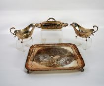 PAIR OF GEORGIAN STYLE ELECTROPLATE SAUCE BOATS, with flying 'C' scroll handle, gadroon border and