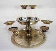 PAIR OF SILVER PLATED ON COPPER FIVE LIGHT CANDELABRA'S, each of typical form with four scroll arms,