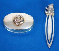SILVER SMALL OVAL BOX, the hinged lid having silver gilt finial, 1 3/4" wide, Sheffield 2001 and a