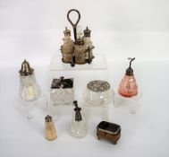 LATE NINETEENTH CENTURY ELECTROPLATE AND CUT GLASS FIVE BOTTLE CONDIMENT CRUET together with CUT