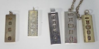 FIVE SILVER INGOT PENDANTS, with large hallmarks and one silver fine chain necklace, 4 3/4oz,