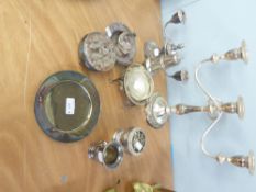 AN ELECTROPLATE THREE LIGHT CANDELABRUM AND A SHORT TWO LIGHT CANDELABRUM, TWO ELECTROPLATE SMALL