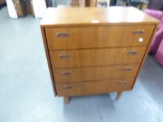 A TEAK LONG LOW DRESSING TABLE WITH MIRROR AND MATCHING CHEST OF FOUR LONG DRAWERS