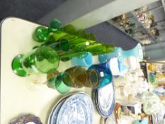 QUANTITY OF COLOURED GLASS VASES, GLASSES ETC....