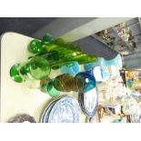 QUANTITY OF COLOURED GLASS VASES, GLASSES ETC....