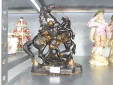 A PAIR OF MID TWENTIETH CENTURY METAL HORSE ORNAMENTS, EACH OF REARING STALLION AND MEN IN LOIN