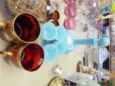 CUT AND OTHER GLASS WARES VARIOUS TO INCLUDE FRENCH PALE BLUE GLASS BALL AND SHAFT DECANTER AND FOUR