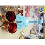 CUT AND OTHER GLASS WARES VARIOUS TO INCLUDE FRENCH PALE BLUE GLASS BALL AND SHAFT DECANTER AND FOUR