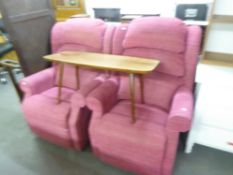 A PAIR OF SEMI-WINGED LOUNGE CHAIRS IN WINE RED FABRIC