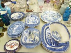 QUANTITY OF BLUE AND WHITE TO INCLUDE; BOOTHS 'REAL OLD WILLOW' PLATES, MEAT PLATES, TUREENS