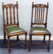 TWO PAIRS OF JACOBEAN STYLE DINING CHAIRS each pair having carved and pierced top rails, rail