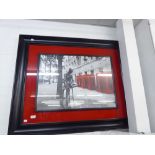 A LARGE PHOTOGRAPHIC PRINT 'COVENT GARDEN STATUE AND TELEPHONE BOXES, LONDON', 20" X 28" IN BROAD