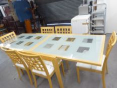 A 'CALLIGARIS' BEECHWOOD EXTENDING DINING TABLE, WITH FROSTED GLASS INSET TOPS, (240cm extended) AND