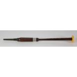 MCLEOD, FORFAR, HARDWOOD AND EBONY AND METAL BANDED BAGPIPE CHANTER, with ivorine end disc, 18 1/