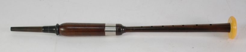 MCLEOD, FORFAR, HARDWOOD AND EBONY AND METAL BANDED BAGPIPE CHANTER, with ivorine end disc, 18 1/