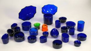 TWENTY TWO BLUE GLASS LINERS, mainly for condiments, and two others in AMBER AND GREEN GLASS (24)