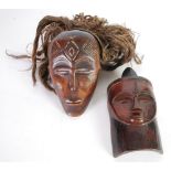 CHOKWE CARVED WOOD DANCE MASK, with scarification and natural fibre and raffia wig, 8" (20.3cm)