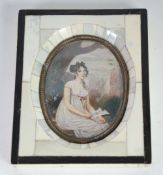 OVAL PRINTED PORTRAIT MINIATURE OF A LADY IN A 'PIANO KEY' FRAME