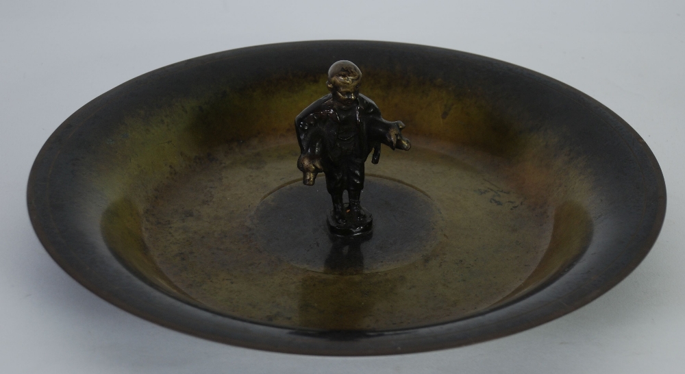 AEGTE BRONCE ILDFAST, DANISH, PATINATED BRONZE DISH, of shallow form, the centre with a figure of