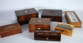 SEVEN NINETEENTH CENTURY AND LATER BOXES, Including; a dome topped rosewood GLOVE BOX with mother