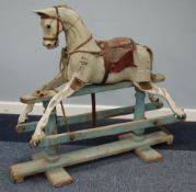 LATE 19th CENTURY CARVED WOOD PLATFORM ROCKING HORSE grey painted and with horsehair mane and