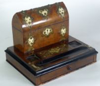 A VICTORIAN WALNUT DESK STAND with rear domed lidded superstructure the platform base with inkwell