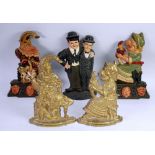 PAIR OF COLD PAINTED CAST METAL 'PUNCH' AND 'JUDY' DOOR STOPS, A SIMILAR GILT METAL PAIR and a