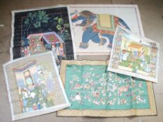 THREE INDIAN GOUACHE PAINTINGS ON SILK, figural scenes, 30" x 21" (76.2 x 53.3cm) and smaller,