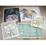 THREE INDIAN GOUACHE PAINTINGS ON SILK, figural scenes, 30" x 21" (76.2 x 53.3cm) and smaller,