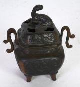 JAPANESE MEIJI PERIOD SMALL BRONZE KORO, with Kirin finial to the pierced cover