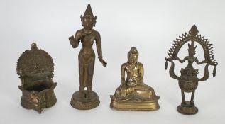 FAR EASTERN CAST BRONZE FIGURE OF A DEITY standing on circular base, 9 1/2" (24.1cm) high and TWO