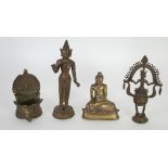 FAR EASTERN CAST BRONZE FIGURE OF A DEITY standing on circular base, 9 1/2" (24.1cm) high and TWO