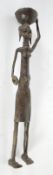 BENIN? AFRICAN BRONZE FIGURE modelled as a slender, bare-chested female carrying a bowl on her head,